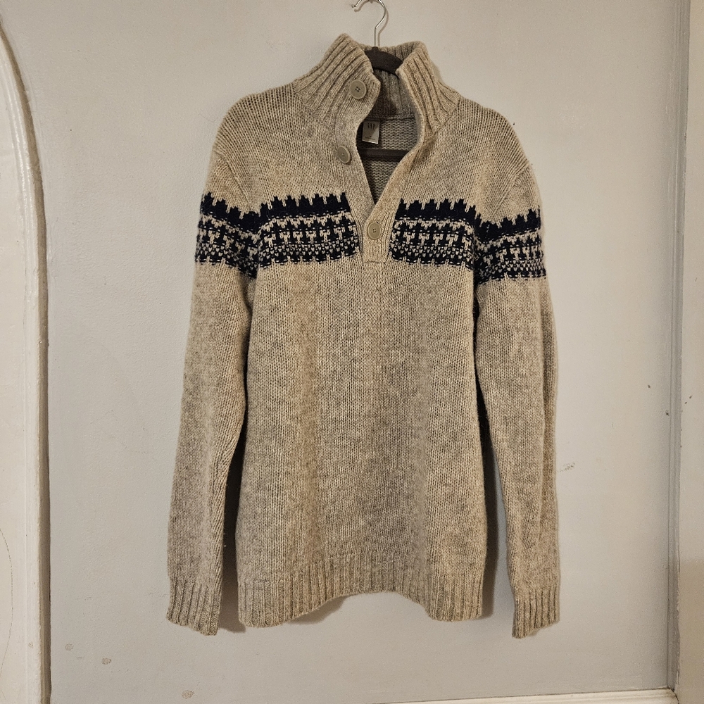 Vintage GAP Fair Isle Style Sweater Gray-Navy Quarter Button Lambs Wool Alpaca